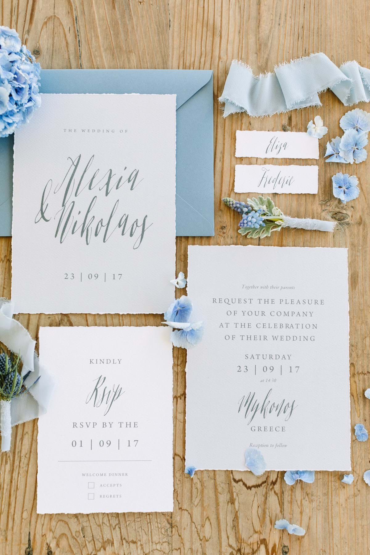 Unique Bohemian-Chic Destination Wedding Invitation & Stationery in Dusty Blue for a Mykonos Island Beach Wedding